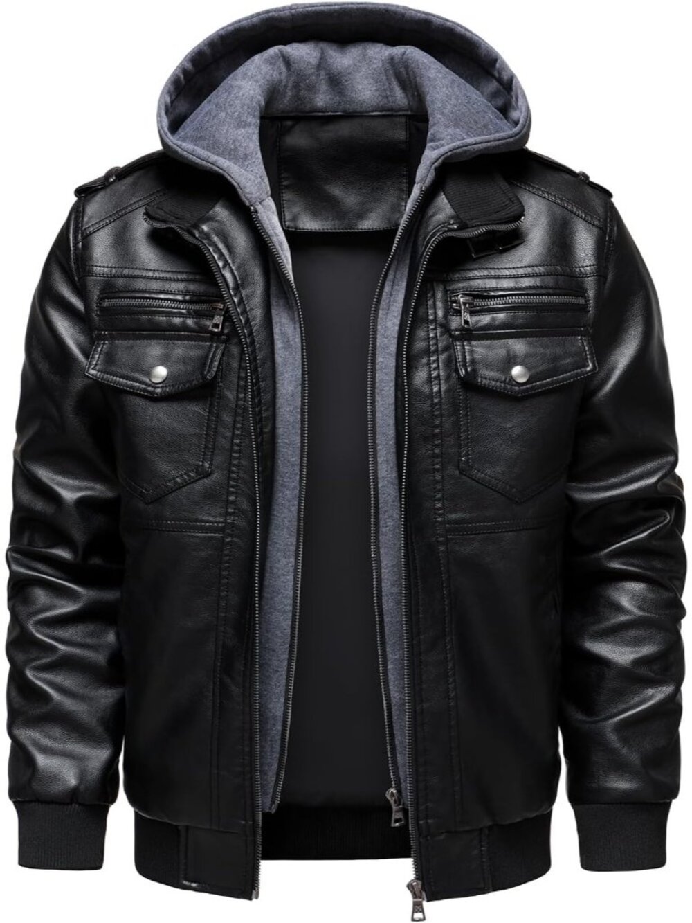 Men’s Black Genuine Suede Leather Jacket with Removable Hood Casual Biker Coat